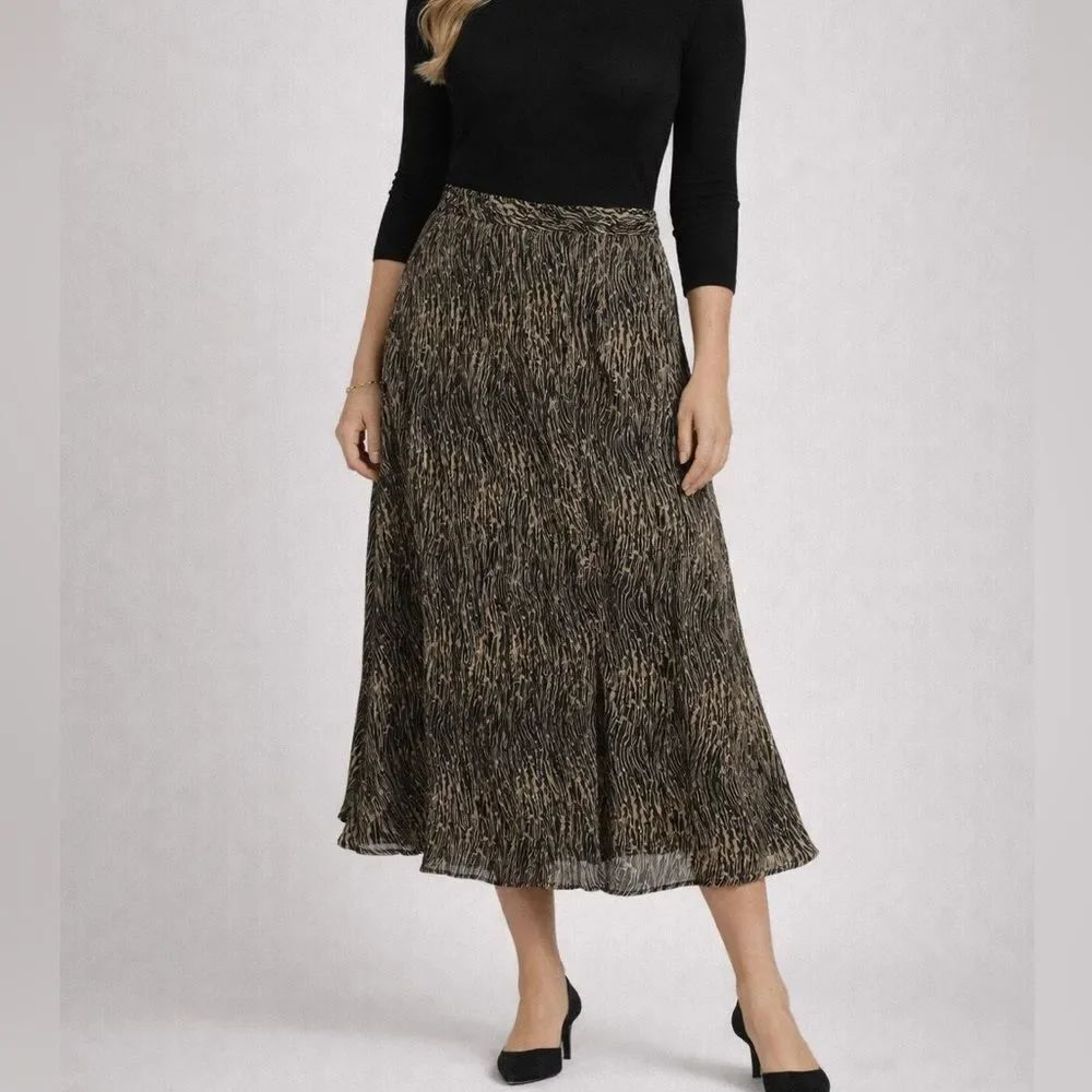 Jones New York Silk Animal Print Midi Skirt Petite 10P Flowy A-Line Beige Black